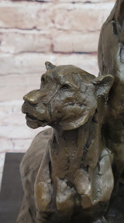 Impressionist Bronze Art Sculpture of a Pair of Female Lions Lionesses on Marble Base