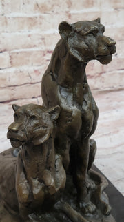 Impressionist Bronze Art Sculpture of a Pair of Female Lions Lionesses on Marble Base