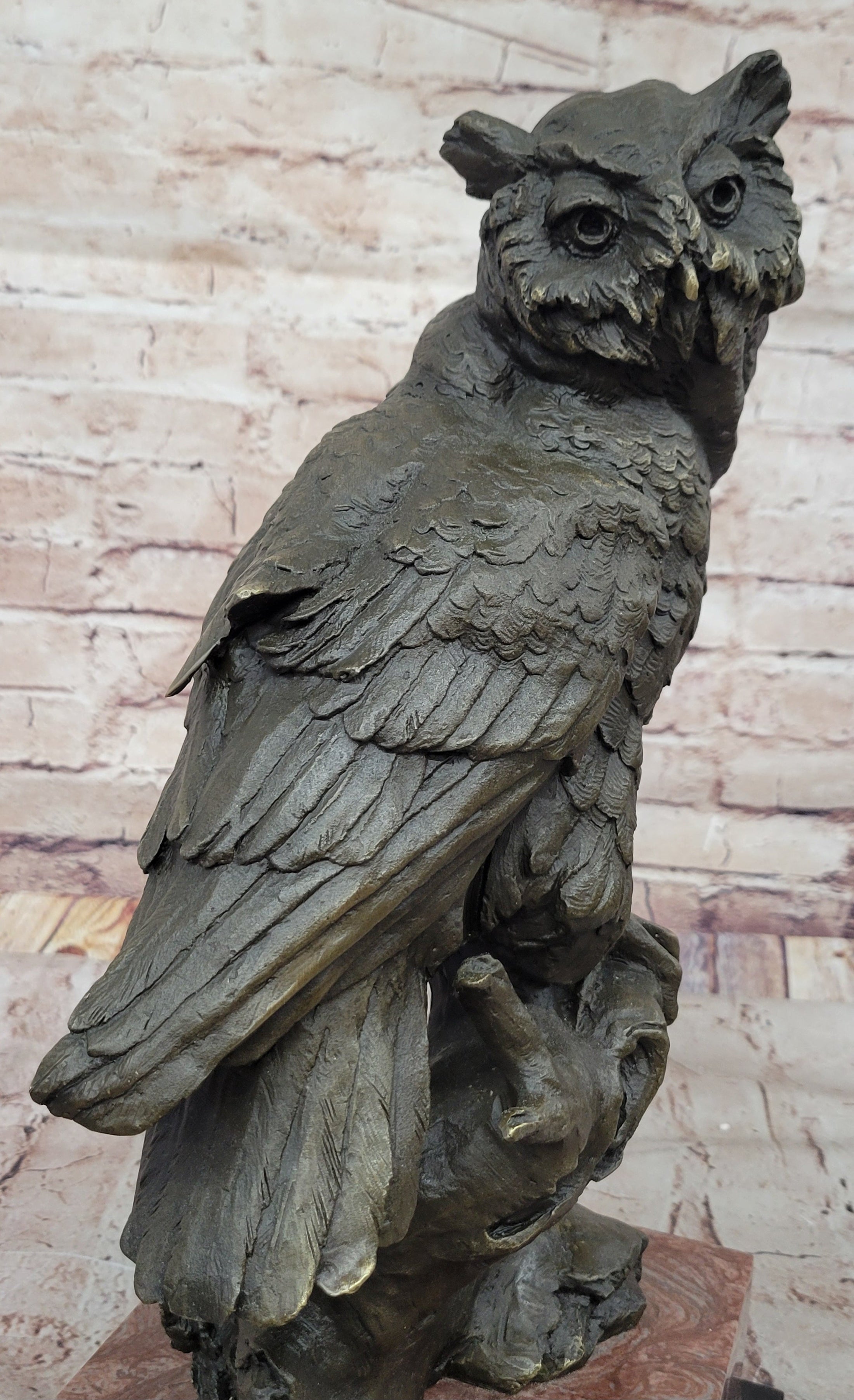 Milo Watchful Owl on Branch – Intricately Detailed Bronze Sculpture with Marble Base