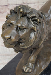 Walking Lion Bronze Sculpture Statue Figure on Marble Base Signed Milo