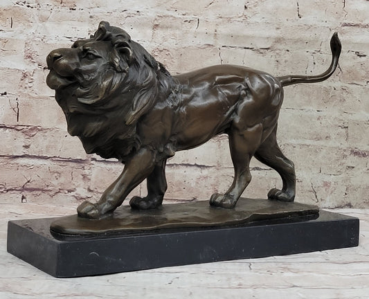 Walking Lion Bronze Sculpture Statue Figure on Marble Base Signed Milo