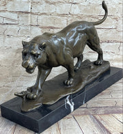 Panther Mountain Lion Big Cat Bronze Statue Sculpture Figure on Marble Base