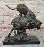 Fierce Lion vs. Buffalo – Hot Cast Bronze Wildlife Sculpture by Milo