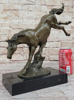 Jumping Wild Horse Mustang Stallion Bronze Sculpture Statue on Marble Base