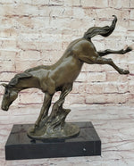Jumping Wild Horse Mustang Stallion Bronze Sculpture Statue on Marble Base