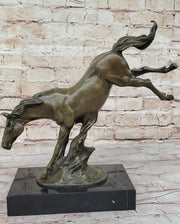 Jumping Wild Horse Mustang Stallion Bronze Sculpture Statue on Marble Base