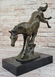 Jumping Wild Horse Mustang Stallion Bronze Sculpture Statue on Marble Base
