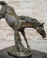 Jumping Wild Horse Mustang Stallion Bronze Sculpture Statue on Marble Base