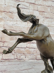 Jumping Wild Horse Mustang Stallion Bronze Sculpture Statue on Marble Base