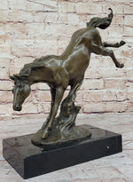 Jumping Wild Horse Mustang Stallion Bronze Sculpture Statue on Marble Base