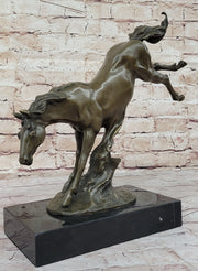Jumping Wild Horse Mustang Stallion Bronze Sculpture Statue on Marble Base