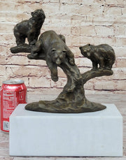 Green Patina Bear Family on a tree stump Bronze Sculpture Statue Figurine