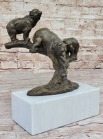 Green Patina Bear Family on a tree stump Bronze Sculpture Statue Figurine