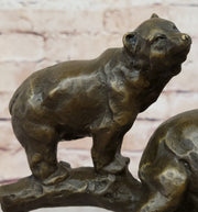 Green Patina Bear Family on a tree stump Bronze Sculpture Statue Figurine