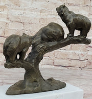 Green Patina Bear Family on a tree stump Bronze Sculpture Statue Figurine