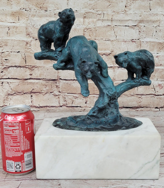 Bear Family Bears on Tree Branch - Bronze Metal Sculpture on White Marble Base