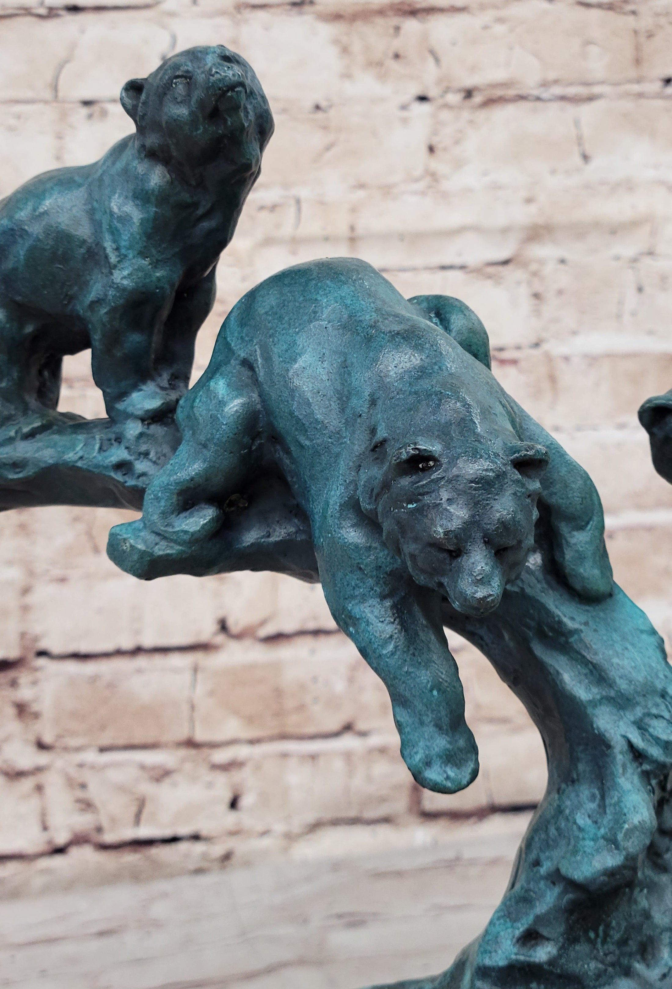 Bear Family Bears on Tree Branch - Bronze Metal Sculpture on White Marble Base