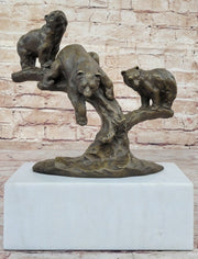 Green Patina Bear Family on a tree stump Bronze Sculpture Statue Figurine