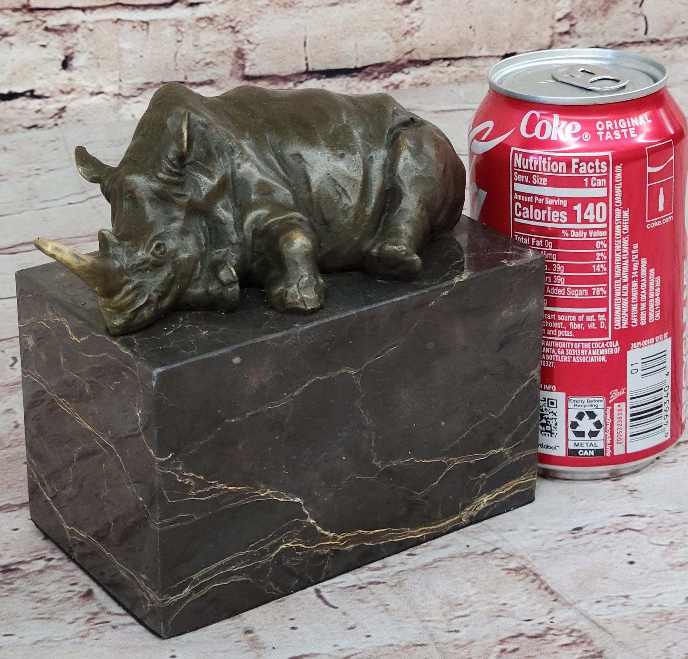Rhinoceros Rhino Bookend Bronze Sculpture Figurine Lost Wax Casting on Marble Base