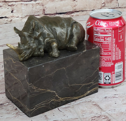 Rhinoceros Rhino Bookend Bronze Sculpture Figurine Lost Wax Casting on Marble Base