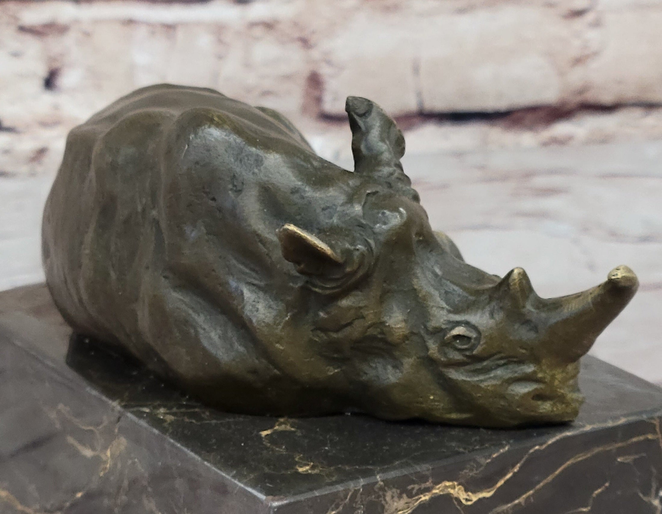 Rhinoceros Rhino Bookend Bronze Sculpture Figurine Lost Wax Casting on Marble Base