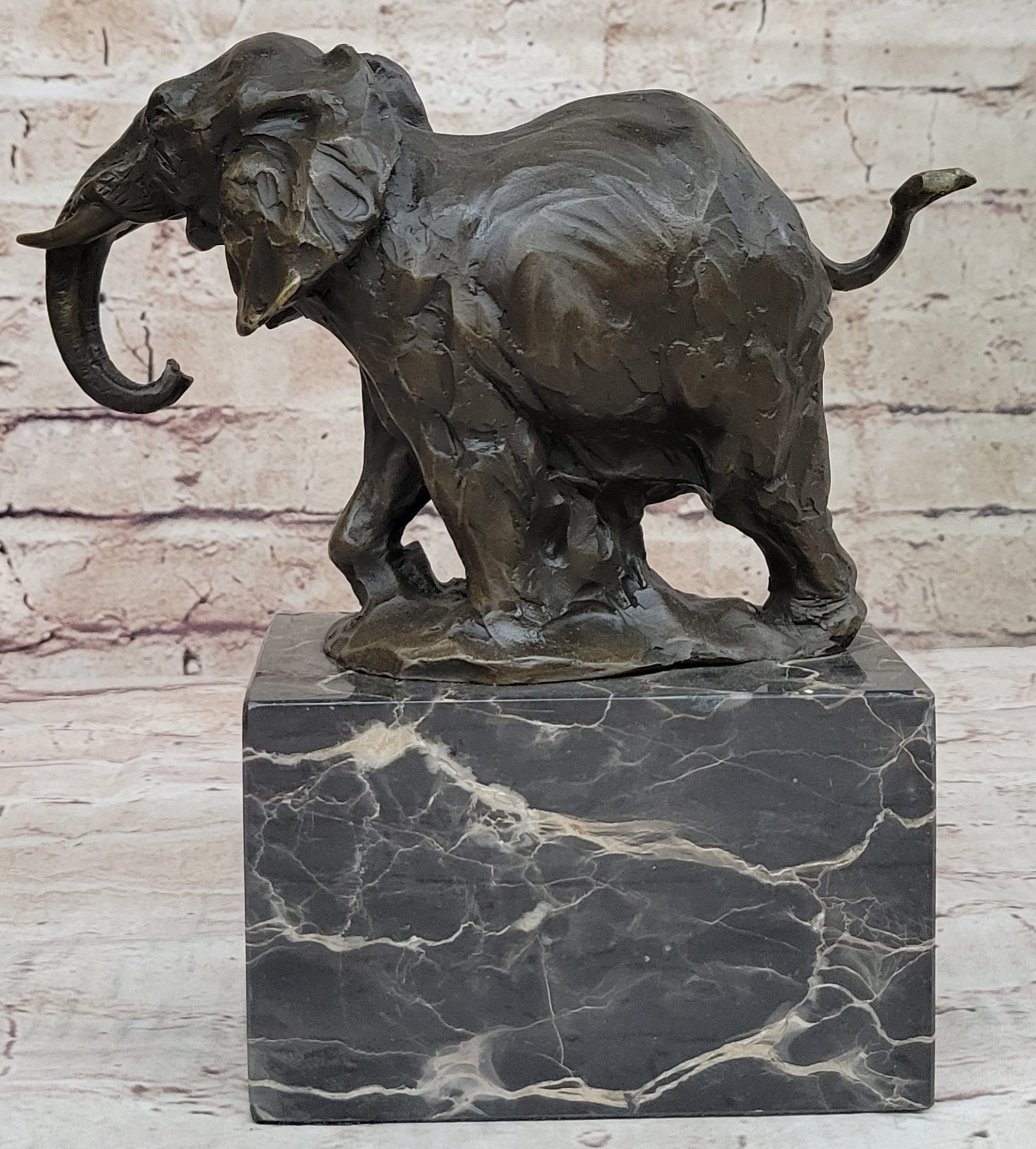 Miniature Elephant Bronze Metal Figurine Sculpture on Marble Base Signed Original