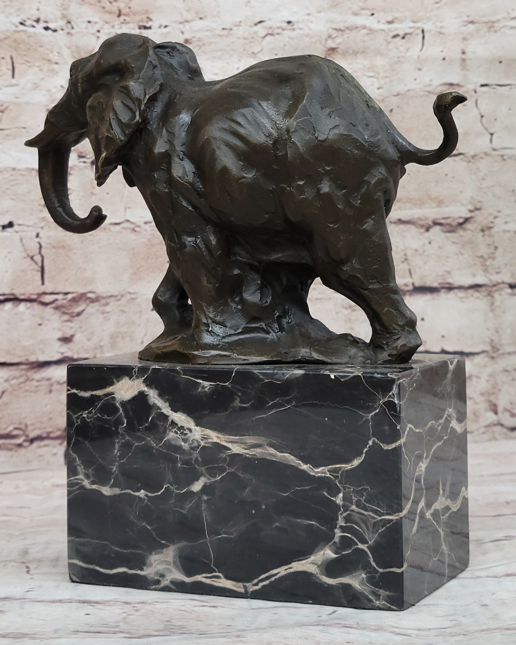 Miniature Elephant Bronze Metal Figurine Sculpture on Marble Base Signed Original