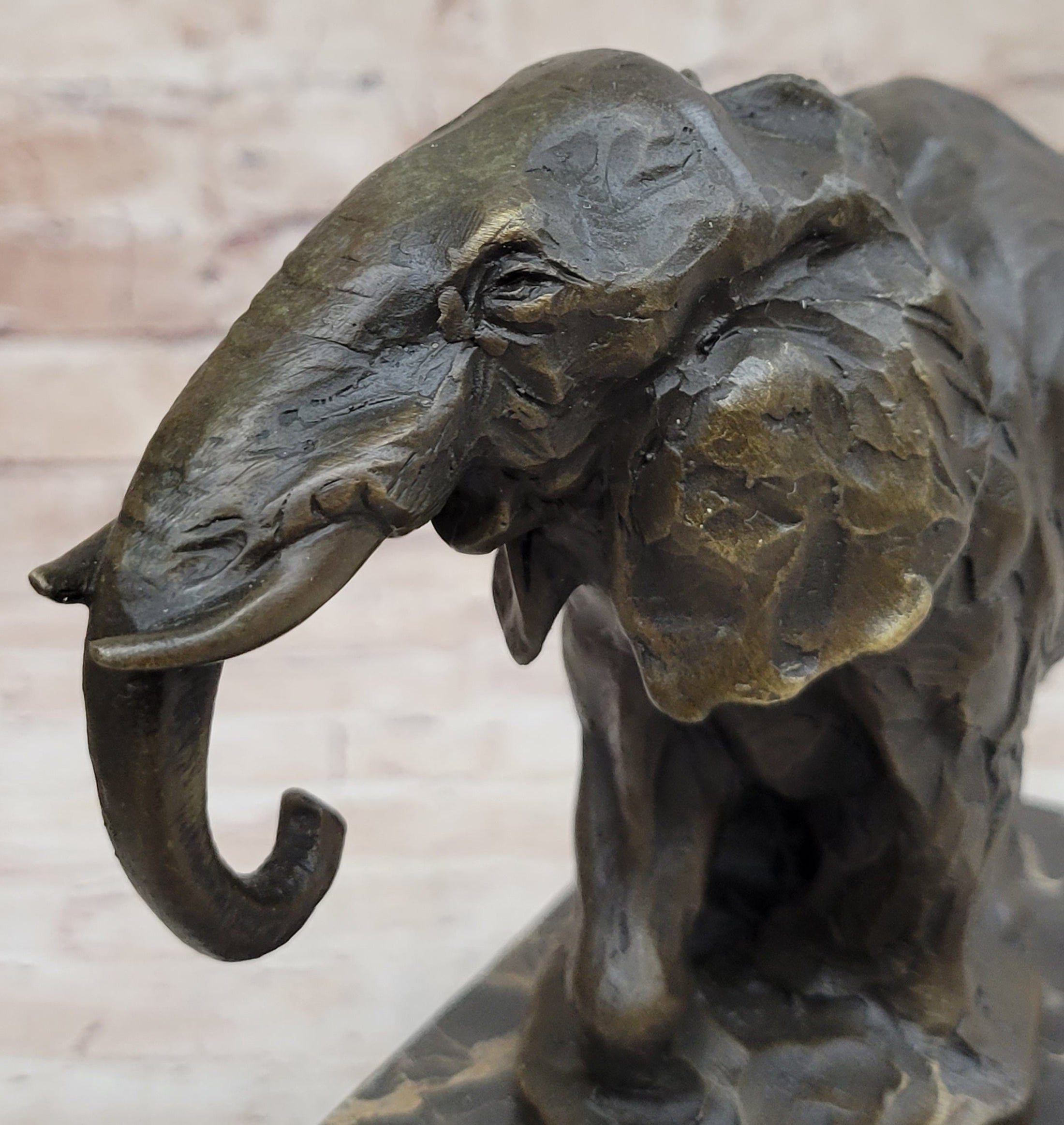 Miniature Elephant Bronze Metal Figurine Sculpture on Marble Base Signed Original