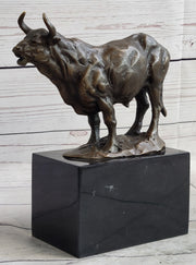 Hot Cast Bronze Metal Bull Cattle Cow Sculpture Statue Figure on Marble Base
