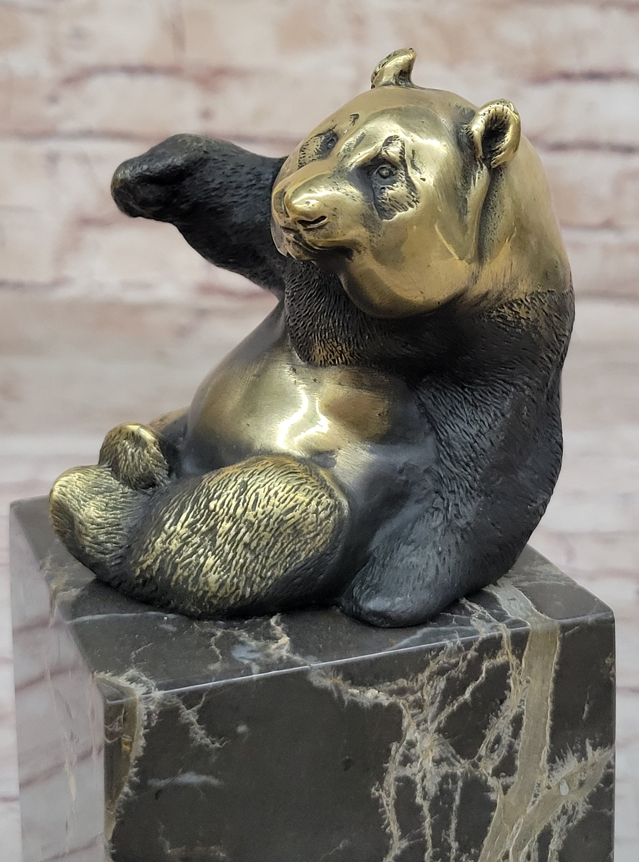 Real Bronze Panda Bear Bronze Figurine Sculpture on Marble Base by Milo