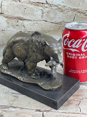 Bronze Grizzly Bear Hunting Fish River Sculpture Art Figurine Marble Base Figure