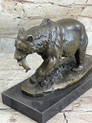 Bronze Grizzly Bear Hunting Fish River Sculpture Art Figurine Marble Base Figure