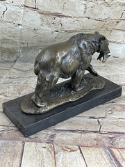 Bronze Grizzly Bear Hunting Fish River Sculpture Art Figurine Marble Base Figure