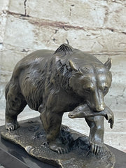 Bronze Grizzly Bear Hunting Fish River Sculpture Art Figurine Marble Base Figure