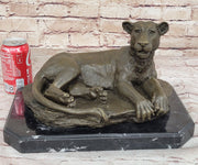 Art Deco Large Female African Wildlife Lion Bronze Sculpture Marble Statue Decor