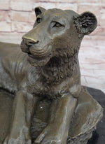 Art Deco Large Female African Wildlife Lion Bronze Sculpture Marble Statue Decor