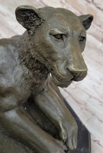 Art Deco Large Female African Wildlife Lion Bronze Sculpture Marble Statue Decor