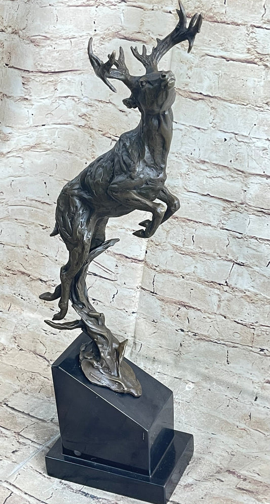 Elk Deer Caribou Stag Buck Jumping Bronze Statue Sculpture on Marble Base