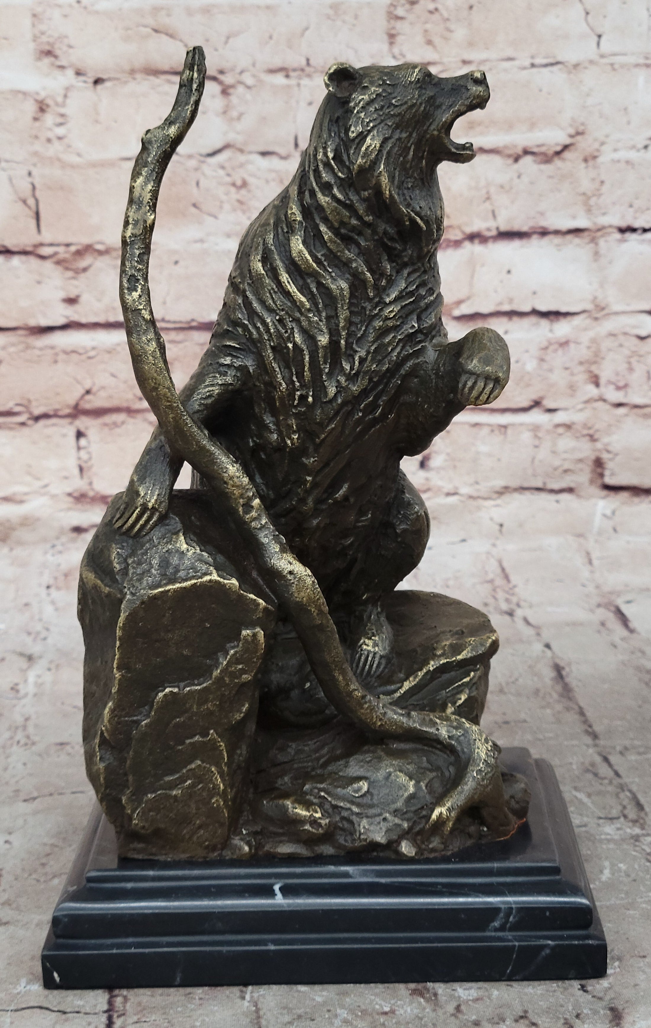 Bear Standing on Boulder Bronze Metal Statue Sculpture Figure on Marble Base - Southlake Paws
