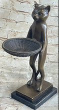 Load image into Gallery viewer, Standing Cat Business Card Holder Key Dish Bronze Sculpture Statue Figure Marble Base
