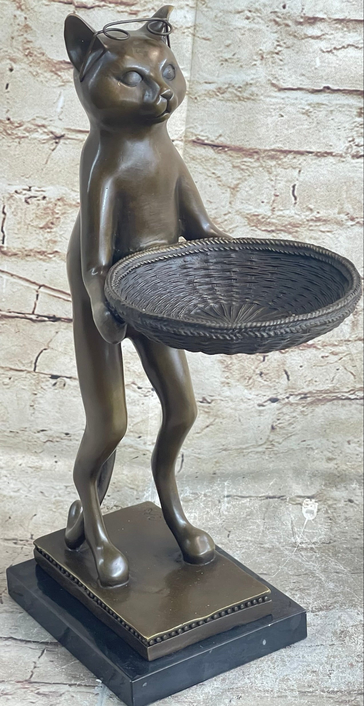 Standing Cat Business Card Holder Key Dish Bronze Sculpture Statue Figure Marble Base