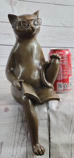 Cat in Eyeglasses Reading a Book Bronze Metal Figurine Sculpture Signed Art