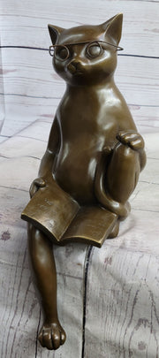 Cat in Eyeglasses Reading a Book Bronze Metal Figurine Sculpture Signed Art