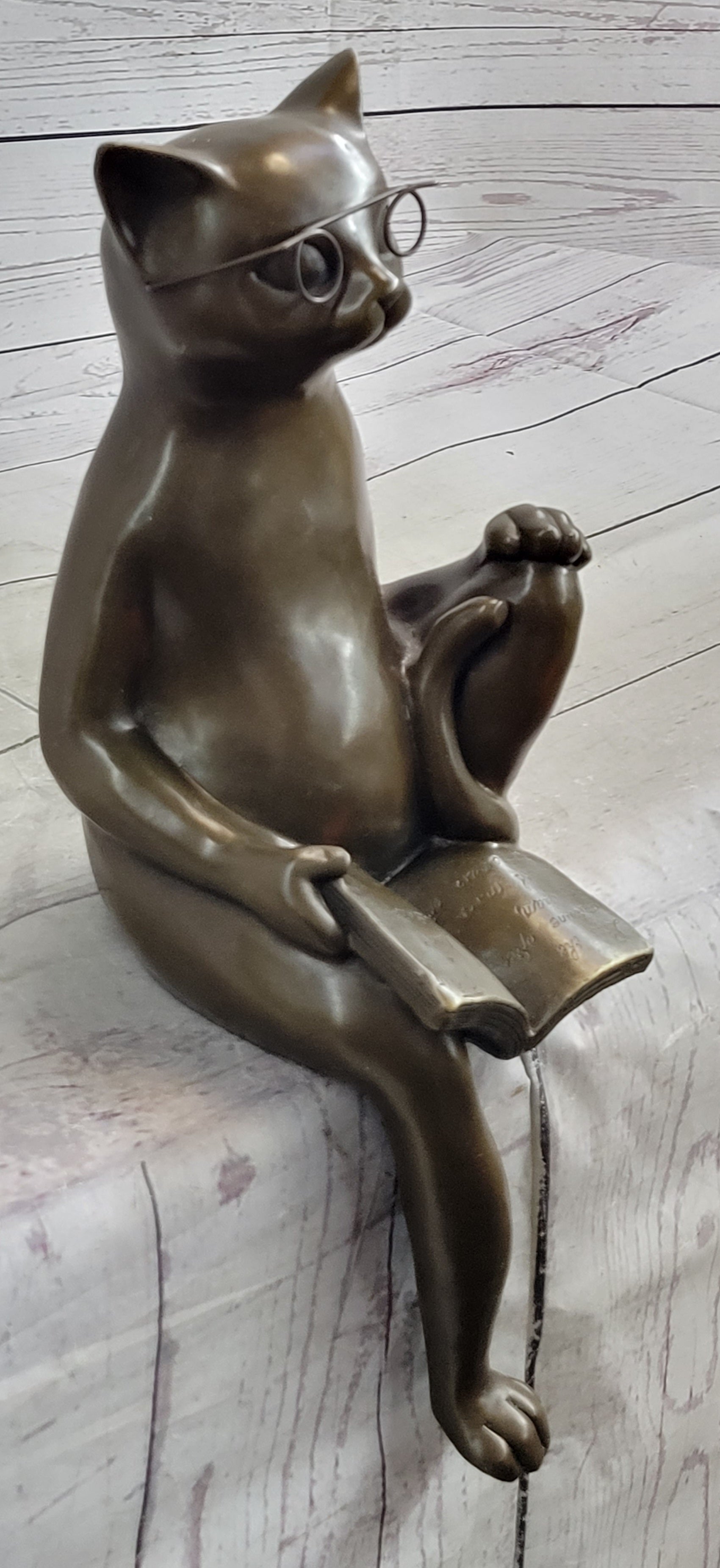 Cat in Eyeglasses Reading a Book Bronze Metal Figurine Sculpture Signed Art
