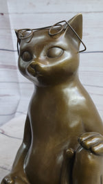 Cat in Eyeglasses Reading a Book Bronze Metal Figurine Sculpture Signed Art