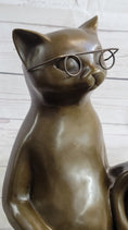 Load image into Gallery viewer, Cat in Eyeglasses Reading a Book Bronze Metal Figurine Sculpture Signed Art
