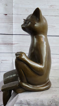 Load image into Gallery viewer, Cat in Eyeglasses Reading a Book Bronze Metal Figurine Sculpture Signed Art
