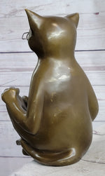 Cat in Eyeglasses Reading a Book Bronze Metal Figurine Sculpture Signed Art