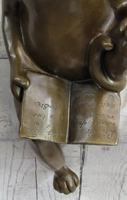 Cat in Eyeglasses Reading a Book Bronze Metal Figurine Sculpture Signed Art