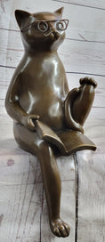 Load image into Gallery viewer, Cat in Eyeglasses Reading a Book Bronze Metal Figurine Sculpture Signed Art
